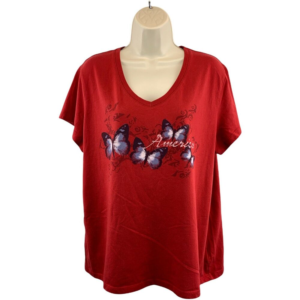 Womens Red T Shirt Size XL Short Sleeve Butterfly Print Pullover America